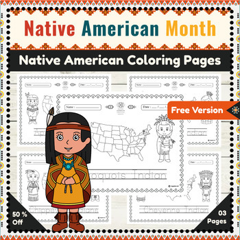 Preview of Native American Tribes Coloring Sheets with Handwriting Practice | Free Version