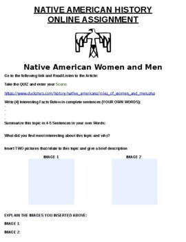Preview of Native American Women and Men Online Assignment W/ Online Article (Word)