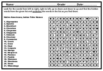 Preview of Native Americans, Indian Tribe Names, Word Search Worksheet, Vocabulary Sub Plan
