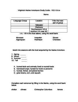 Preview of Native Americans Study Guide, Virginia Studies 2 d-e