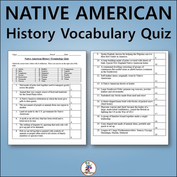 Preview of Native Americans US History Vocabulary Quiz - Editable Worksheet