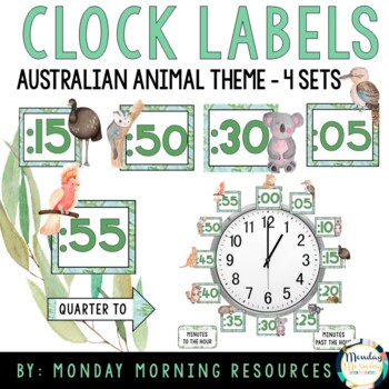 Preview of Native Australian Animals Theme Telling Time Clock Labels Classroom Decor