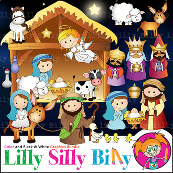 Preview of Nativity Clipart. BLACK AND WHITE & Color Bundle. {Lilly Silly Billy}