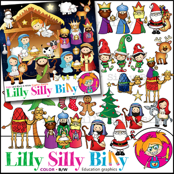 Preview of Nativity PLUS Santa Clipart. BLACK AND WHITE & Color Bundle. {Lilly Silly Billy}