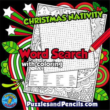 Preview of Nativity Word Search Puzzle Activity Page with Coloring | Christmas