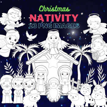 Preview of Nativity scene, Nativity Line Art, Digital Stamps, Black and white