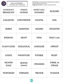 Preview of Natural Disaster game cards (Intermediate + Advanced)