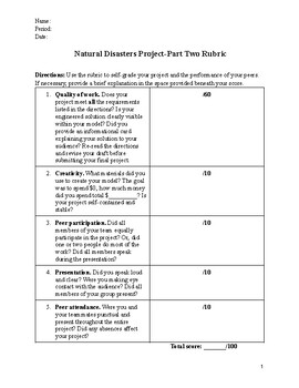Preview of Natural Disasters Project Part Two Rubric and Student Reflection