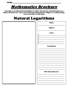 Preview of Natural Logarithms "Informational Brochure" Worksheet & WebQuest