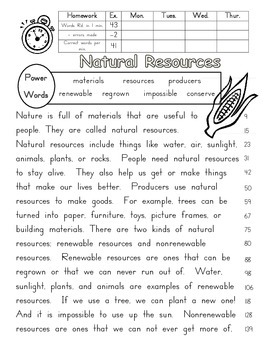 Natural Resources fluency passage, close reading, and prefix practice