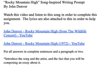 Preview of Nature/Earth Day -“Rocky Mountain High” John Denver Song-Inspired Writing Prompt