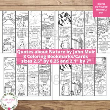 Preview of Nature Explorer John Muir Quotes Coloring Bookmarks, Camping Summer Craft Cards