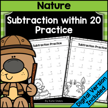 Preview of Nature Math Single Digit Subtraction Worksheets | Printable & Digital