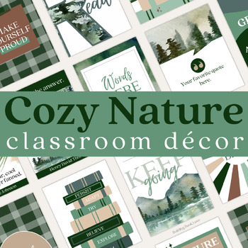 Preview of Cozy Nature Classroom Decor Bundle: Canva Editable Middle & High School Decor