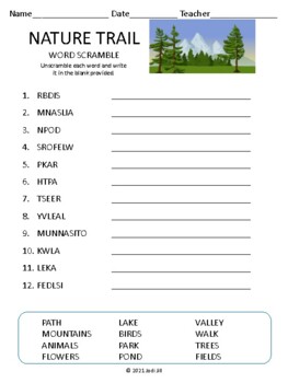 Preview of Nature Trail Word Scramble for Kids Worksheet Puzzle & Easel Activity