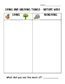 Preview of Nature Walk Recording T-Chart - Living and Nonliving Things