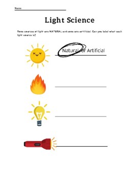 Natural or man-made source of light worksheet