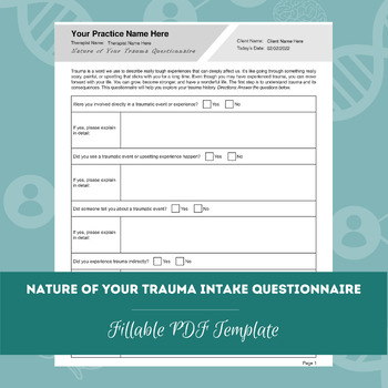 Preview of Nature of Your Trauma Intake Questionnaire | Editable / Fillable PDF Template