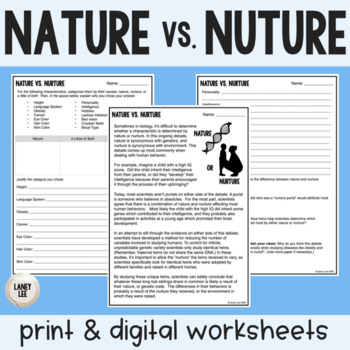 Preview of Nature vs. Nurture - Reading Comprehension Worksheets