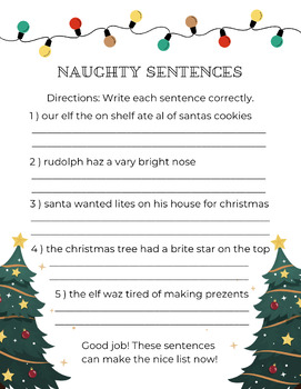 Preview of Naughty Sentences: Christmas Sentence Correction Worksheet