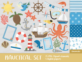 Preview of Nautical Sea Clipart Set - ocean, boat, whale, printable, blue, lighthouse