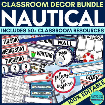 Preview of Nautical Theme Classroom Decor Bundle Coastal Editable Preppy Ocean Decorations