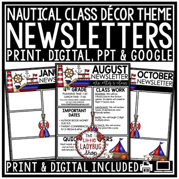 Preview of Sailing Nautical Theme Classroom Decor Weekly Newsletter Template Editable