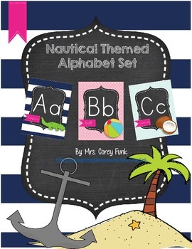 Preview of Nautical Theme Alphabet Card Set  Ocean Theme Beach Theme Chalkboard Theme