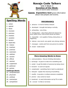 Preview of Navajo Code Talkers  Reading Street 4th Grade Unit 4 Study guide spelling vocab