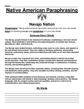 Preview of Navajo Nation Paraphrasing Worksheet
