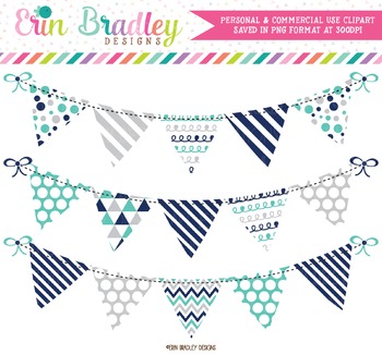 Navy Blue Turquoise Gray Bunting Clipart by Erin Bradley Designs