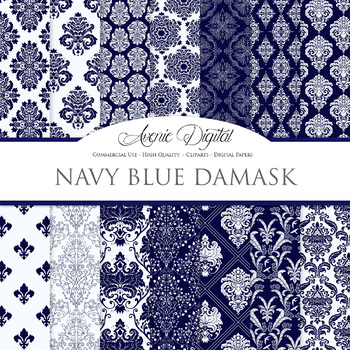 28 Navy Damask Digital Paper Scrapbooking Backgrounds Instant Download. Dark blue Seamless patterns for Commercial Use