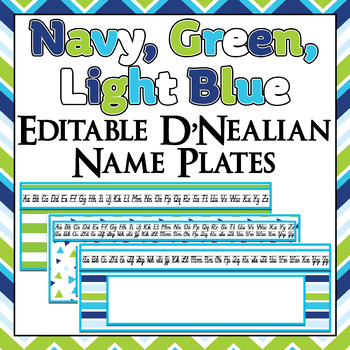 Preview of Navy, Green, Light Blue! EDITABLE Alphabet Name Plates with D'Nealian