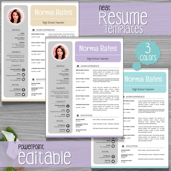 Preview of Neat Teacher Resume Template + Cover Letter + References PowerPoint EDITABLE