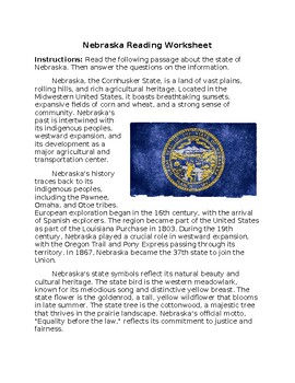 Preview of Nebraska State Profile & History Reading Worksheet w/Answer Key **Editable**