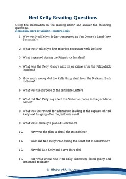 Preview of Ned Kelly Reading Questions Worksheet