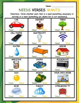 Preview of Needs And Wants Worksheet