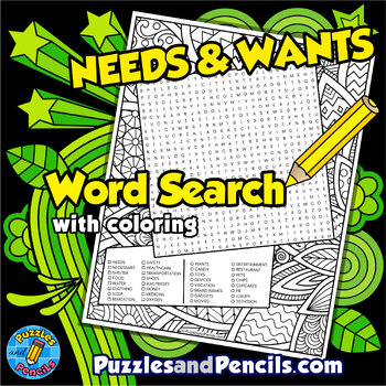 Preview of Needs & Wants Word Search Puzzle with Coloring Activity | Financial Literacy