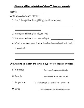 Preview of Needs and Characteristics of Animals Worksheet