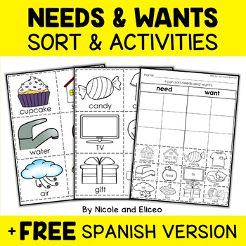 Preview of Needs and Wants Sort Activities + FREE Spanish Version