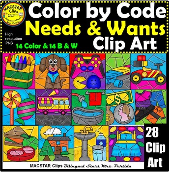 Preview of Needs and Wants BUNDLE Color by Code Clip Art Images  Economics