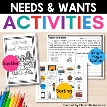 Preview of Needs and Wants Activity Worksheet Sort Needs vs Wants