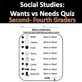 Preview of Needs and Wants Quiz: Social Studies/Economics for 2nd and 3rd graders.