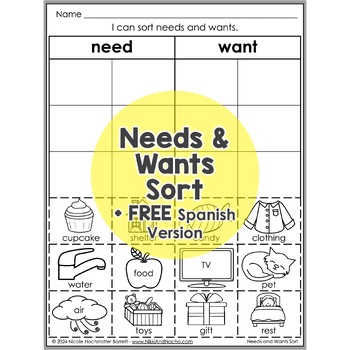 Preview of Needs and Wants Sort Interactive Worksheet Activity + FREE Spanish