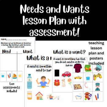 Preview of Needs and Wants lesson plan, posters, sort activity, 2 assessments! NO PREP!