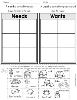 Needs And Wants Cut And Paste Worksheets Teaching Resources Tpt