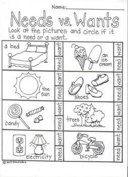 Preview of Needs vs. Wants Activity Sheets