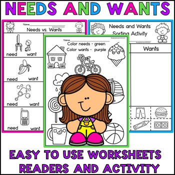 Preview of Needs vs Wants Worksheets and Activities Kindergarten First Grade Social Studies