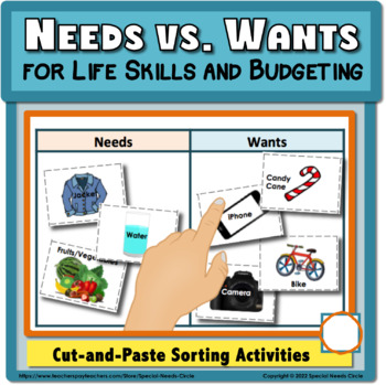 Preview of Needs vs. Wants for Life Skills and Budgeting Cut-and-Paste Sorting Activity