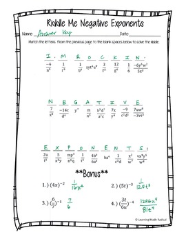 Negative Exponent Riddle Me Worksheet by Learning Made ...